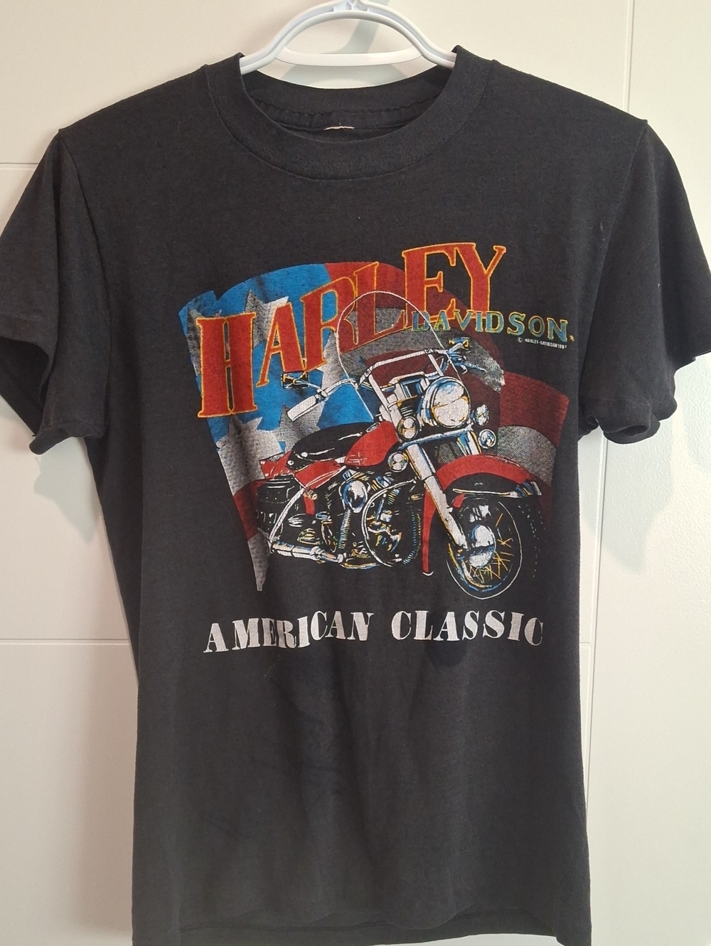 Harley-Davidson Black Tee with Red Motorcycle and Multicolor Flag Graphic